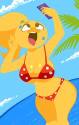 ahe_gao background beach big_breasts emoji_(race) emoji_slut emojifam_(sssir8) hoshime looking_pleasured looking_up no_outlines palm_tree peace_sign polka_dot polka_dot_bikini red_clothing sky tagme thighs tongue_out v water yellow_hair yellow_skin