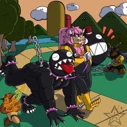 4_fingers 4_toes anklet anthro black_clothing black_mane black_overalls bottomwear bracelet brown_body chain_chomp chains claws clothing collar dragon_koopa fafnir_stardust_(artist) fangs feet felid finger_claws fingers gloves goomba hair handwear hat headgear headwear hiked_leg horn jewelry koopa leash legband lion mammal mane mario_(series) nintendo overalls pantherine pink_eyes pink_hair ponytail raised_leg scalie shirt shorts spiked_anklet spiked_bracelet spiked_collar spiked_legband spikes teeth toe_claws toes tongue tongue_out top_hat topwear yellow_clothing yellow_shirt yellow_topwear