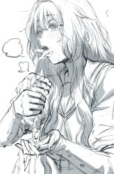 1girls cum cum_on_body cum_on_hands female female_only greyscale hews hews_hack highres implied_anilingus implied_handjob kaoru_hana_wa_rin_to_saku long_hair long_sleeves monochrome motion_lines open_mouth sailor_collar simple_background sketch solo tongue tongue_out unfinished waguri_kaoruko white_background