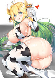 alternate_costume animal_ears blonde_hair censored cow_girl cow_print deogho_(liujinzy9854) elven_forest_maker elven_forest_maker_(cowgirl_bikini) horns lactation last_origin pussy