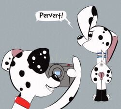 101_dalmatian_street 101_dalmatians animal_genitalia animal_vulva anus camera canid canine canine_genitalia canine_vulva canis collar dalmatian disney dolly_(101_dalmatians) domestic_dog duo dylan_(101_dalmatians) female feral genitals hi_res male male/female mammal smile soggygoat spots taking_picture vulva