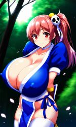 ai_generated big_sister cleavage cosplay dead_or_alive female forest honoka_(doa) huge_breasts kasumi_(doa) kasumi_(doa)_(cosplay) koei_tecmo long_hair nature no_bra no_panties no_underwear one_side_up onee-chan pink_hair pixai red_eyes revealing_clothes side_ponytail silf smile solo tagme tecmo thighhighs