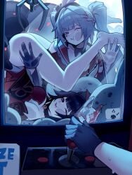 2girl 2girls against_glass ass barefoot black_gloves black_hair breasts brown_hair controller crane_game distr dress dual_persona dyed-hair dyed_hair feet fox_mask gloves holding holding_controller honkai:_star_rail honkai_(series) in_crane_game japanese_clothes large_breasts long_hair mask multiple_girls one_eye_closed purple_eyes red_dress small_breasts sparkle_(honkai:_star_rail) sparxie_(honkai:_star_rail) stuck stuffed_animal stuffed_toy toes twintails very_long_hair white_hair