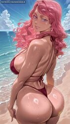 ai_generated ass back bangs bare_shoulders beach bikini black_clover blue_sky breasts cloud dandanhub dark-skinned_female dark_skin day earrings female female_only from_behind huge_ass jewelry large_breasts long_hair looking_at_viewer looking_back ocean outdoors parted_lips pink_hair purple_eyes red_bikini sideboob sky smile solo swimsuit thong_bikini vanessa_enoteca water wet