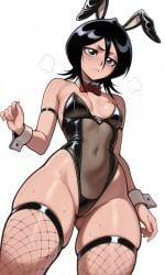 1girls ahe_gao ai_generated arms_behind_head back_view black_bunny_ears black_fishnets black_hair black_leotard bleach blue_eyes blush bow_tie breasts bunny_ears bunny_suit bunny_tail bunnysuit choker collar cuffs cum cum_drip cum_on_body cum_on_pussy cum_pool detached_sleeves drool female female_only fishnet_stockings from_above from_behind highres kuchiki_rukia latex light-skinned_female looking_at_viewer lying_on_back mrcornerguy nipples on_bed open_mouth pussy red_bowtie shiny short_hair solo spread_legs sweat sweat_on_body sweatdrop tears thick_thighs tongue_out wide_hips