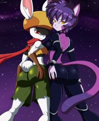 2girls anthro anthro_only armpits ass back big_ass bodysuit breasts canime choker claws closed_mouth clothed clothing crop_top dat_ass dragon_ball dragon_ball_super eye_contact feline female female_only fur furry gloves hand_on_ass hat hop_(dragon_ball) lagomorph long_nails looking_at_viewer muscular muscular_arms muscular_female pink_fur pose purple_fur red_eyes red_nails ripped_clothing scarf short_hair shounen_jump skin_tight small_breasts sorrel source_request stars tail text thick_thighs thigh_gap thin_waist watermark white_fur wide_hips yellow_eyes