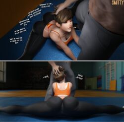1boy 1girls 3d 3d_(artwork) ass ass_focus big_ass big_breasts big_penis biting_lip biting_own_lip blizzard_entertainment brown_eyes brown_hair bubble_butt bulge bulge_through_clothing cock_hungry english_text female hand_on_head hi_res high_resolution highres horny horny_female imminent_sex large_ass large_breasts large_penis lena_oxton lesbian_pride_colors lesbian_with_male light-skinned_female light-skinned_male male male/female orientation_play overwatch overwatch_2 penis penis_bulge short_hair smitty34 splits text thong tracer yoga_pants