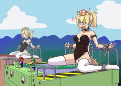 5_fingers absurd_res blonde_hair blue_eyes blush bound bowsette bracelet breasts chained chains clothed clothing collar colucolu cross-popping_vein crown ear_piercing eyebrows eyelashes female female_focus fingers genderswap group hair hi_res horn humanoid humanoid_pointy_ears jewelry legwear luigi mario mario_(series) mario_party new_super_mario_bros._u_deluxe nintendo open_mouth penetration piercing ponytail pussy rule_63 shell sitting spiked_armlet spiked_bracelet spiked_collar spiked_shell spiked_tail spikes super_crown teeth thick_eyebrows thigh_highs vaginal_penetration vein video_games