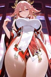 ai_generated ass big_breasts breasts chinese_clothes female female_focus female_only focus from_below genshin_impact hoyoverse looking_at_viewer mature_female mihoyo mommy seductive seductive_look sex sexy smile standing sweat yae_miko