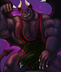 5_fingers abs anthro balls_outline biceps big_muscles biped bodily_fluids body_hair bulge chest_hair clothing cum cum_through_clothing dragaux dragon fingers gatorbeast genital_fluids hi_res horn male male_only muscular muscular_male pecs penis_outline pose purple_background ring_fit_adventure scalie simple_background smile solo sweat wet wet_clothing white_horn wings