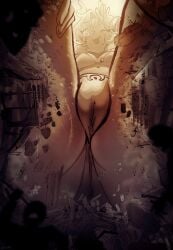 1girls destruction fairy from_below giantess hand_on_thigh looking_down looking_down_at_viewer macro monochrome onkinky spicy_(onkinky) tongue_out