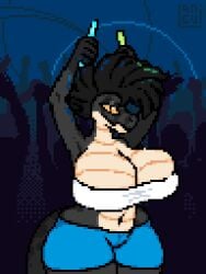 2026 3:4 animated anthro armpits bouncing_breasts breasts clothing dancing digital_media_(artwork) dinosaur female humanoid langui looking_at_viewer pixel pixel_(artwork) pixel_animation pixelated prehistoric_species reptile scalie standing undressed undressing undressing_self wardrobe_malfunction