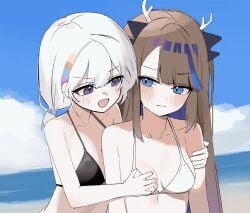 2girls airi_kanna animated ayatsuno_yuni beach black_swimsuit blue_eyes blush brown_hair from_behind grabbing_another's_breast grabbing_arm grabbing_breasts just_0012 lowres medium_breasts playing_with_breasts purple_eyes rubbing_breasts smiling stellive sweat sweatdrop swimsuit two_piece_swimsuit virtual_youtuber white_hair white_swimsuit yuri