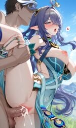 1boy 1girl 1girls ai_generated anal animal antlers anus ass bikini blue blush breasts cleft cow cum ears eye eyes female focus folded full genshin_impact hair hetero horns in large lauma_(genshin_impact) long male nelson nipples nude of one over overflow penis pointy print pussy rolling sex smile solo sweat testicles thick thighhighs thighs uncensored venus