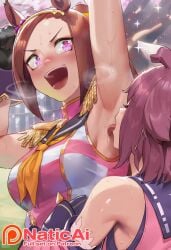 2girls absurdres ai_generated animal_ears arm_behind_head armpit_fetish armpits arms_up bakushin_o_armpit_gif_(meme) brown_hair ear_ribbon female frown hair_ribbon hairband highres horse_ears horse_girl horse_tail licking_armpit long_bangs long_hair naticai ponytail purple_eyes purple_ribbon ribbon sailor_collar sakura_bakushin_o_(umamusume) sakura_chiyono_o_(umamusume) shirt sleeveless sleeveless_shirt solo standing steam steaming_body stretching sweat sweaty tail umamusume umamusume_pretty_derby yuri