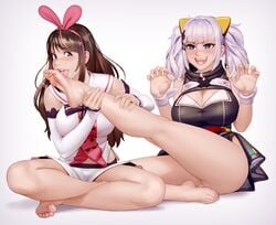 2girls a.i._channel bare_legs barefoot big_breasts breasts cleavage clothed_female feet female female_only foot_fetish foot_lick full_body kaguya_luna kairuhentai kairunoburogu kizuna_ai kizuna_ai_inc. large_breasts open_mouth shorts sitting skirt soles the_moon_studio thick_thighs toes tongue tongue_out virtual_youtuber yuri