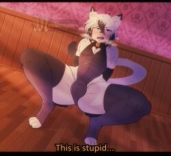 anthro blush bulge dipstick_ears domestic_cat ear_markings english_text ereki_kagami eyebrow_through_hair eyebrows felid feline felis fur hair hi_res male mammal multicolored_ears munkeesgomu solo text translucent translucent_hair white_body white_fur white_hair