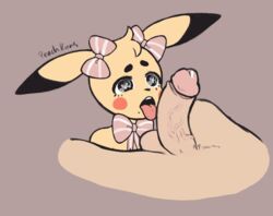 anthro balls bow disembodied_penis heart-shaped_pupils imminent_fellatio imminent_oral licking_penis lust male nintendo peachkuns penis pikachu pokémon_(species) pokemon precum tongue_out