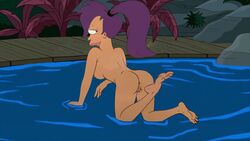 absurd_res animated ass breast cartoon_avenger cyclops edit exposed_anus exposed_breasts exposed_nipples exposed_pussy feet_up female female_focus futurama in_water naked philip_j_fry pin_up purple_hair pussy screenshot screenshot_edit turanga_leela water