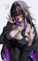 1girls absurd_res black_hair black_jacket black_tank_top blowjob_gesture blush breasts cleavage drool gesture glasses goddess_of_victory:_nikke goth goth_girl highres jacket_partially_removed karma3009 label_(nikke) large_breasts long_hair mole mole_on_breast navel purple_highlights simple_background tongue_out very_long_hair white_background