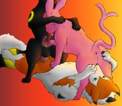 1girls 2boys 4_toes absurd_res anal anal_sex anus bioluminescence bisexual bisexual_male black_fur canine claws cunnilingus dusk_lycanroc eeveelution espeon feet feline fellatio female feral feral_on_feral furry gay glowing green_eyes group group_sex hi_res interspecies knot lycanroc male mammal nintendo on_back on_top oral orange_background orange_fur paws pink_fur pokémon_(species) pokemon pokemon_gsc pokemon_sm pussy saja1222 sex tail testicles thick_thighs threesome umbreon vaginal_penetration video_games white_fur yaoi yellow_fur