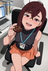 1girl ai_assisted ai_generated anime_coloring ayase_momo black_sweater blush brown_hair cleft_of_venus crossed_legs d dandadan detailed_vagina dynamic_angle dynamic_pose erect_nipples facing_viewer feet_out_of_frame female_focus from_above full_body glossy_lips holding_food indoors lanyard laptop legs_spread miniskirt momo_ayase nude office office_chair on_chair open_mouth orange_skirt pen red_eyes ribbed_sweater shading shadows shaved_vagina sitting skirt sleeveless sleeveless_turtleneck small_breasts solo solo_female spreading_legs thick_nipples tiny_breasts