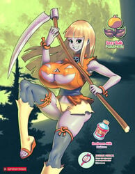 1girls artist_name ass_expansion big_breasts blonde_hair booboom_milk breast_expansion breasts cleavage english_text female female_only hair halloween hyuuga_hinata inverse_mirror large_breasts mirror naruto nipple_bulge open_toe_shoes power_up scythe sexy_bulb sexy_bulb_(pumpkin) shounen_jump solo supersatanson text watermark