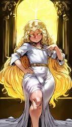 ai_generated beautiful blonde_hair bulge bulge_through_clothing crown elden_ring femboy long_hair miquella miquella_the_kind posing smug twink