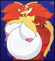absurd_res anthro areola ass belly bent_over big_belly big_breasts big_butt black_border blazkenzxy blush bodily_fluids border breasts collar delphox female fur generation_6_pokemon hand_on_butt hi_res huge_belly huge_breasts hyper hyper_pregnancy inner_ear_fluff lactating markings mega_stone multicolored_body multicolored_fur nintendo open_mouth pokemon pokemon_(species) pregnant pregnant_anthro pregnant_female red_body red_fur simple_background solo thick_thighs tuft white_body white_fur wide_hips yellow_body yellow_fur