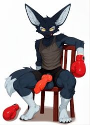 ai_generated anthro aureus_(breedorbred) balls black_shorts blue_body body boxer boxing_gloves breedorbred canine_penis chair claws comfyui erection fennec fennec_fox fluffy_tail fox furry glowing_eyes grey_top hi_res hung knot licking_lips looking_at_viewer male paws penis penis_out simple_background sitting sweat sweatdrop tail tank_top toned_body two-tone_body veiny_penis white yellow_eyes