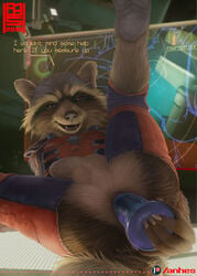 anal_masturbation anhes anthro anus ass balls dildo furry guardians_of_the_galaxy male male_only marvel rocket_raccoon testicles text