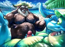 absurd_res ahab_(tokyo_afterschool_summoners) beach beard belly better_version_at_source bovid bovine cloud crocodile crocodilian crocodylid detailed_background erection facial_hair gay hi_res horn imminent_sex indigo_view makara male male/male male_only mammal mature_male musclegut nude outside overweight penis public reptile scalie sea seaside sky spread_legs spreading tokyo_afterschool_summoners true_buffalo video_games water water_buffalo yaoi