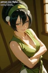 2025 2026 absurd_res absurdres ai_assisted ai_generated alphai ass ass_bigger_than_head avatar_the_last_airbender baggy_pants bangs barefoot black_hair blank_eyes blind blush blush_lines breasts cinematic_lighting cleavage colorful_background crossed_arms curvy curvy_female curvy_figure depth_of_field detailed_background detailed_hair detailed_skin dramatic_shadows dynamic_angle earth_kingdom_clothes female female_focus full_body green_headband green_tunic hair_flaps hair_ornament headband high_quality high_resolution highres legs light_green_tunic light_grey_eyes naughty_face pale_eyes patreon patreon_exclusive patreon_url patreon_username seductive_eyes sexy sexy_body shiny_skin short_hair side_angle skin skin_gloss skindentation solo thick_thighs toph_bei_fong toph_beifong tough_expression traditional_clothes upper_body volumetric_lighting white_pants yellow_collar yellow_pom_poms