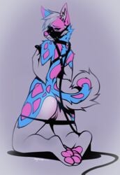 2019 4_toes angiewolf anthro anus blue_fur canid canine canis digital_media_(artwork) domestic_dog female fur harness husky kneeling mammal nordic_sled_dog pink_fur pink_nose pussy simple_background solo spitz toes