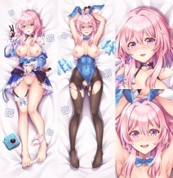 alternate_costume animal_ear_hairband animal_ears arms_up bare_shoulders barefoot black_choker black_gloves blue_bow blue_bowtie blue_hairband blue_leotard blur_censor blush bow bowtie breasts breasts_out brown_pantyhose camera censored choker clothes_lift clothing_aside commentary_request covered_navel cuddly_octopus dakimakura_(medium) detached_collar fake_animal_ears female full_body gloves gradient_eyes hairband honkai:_star_rail honkai_(series) large_breasts leotard leotard_aside lifting_own_clothes long_sleeves looking_at_viewer lying march_7th_(honkai:_star_rail) multicolored_eyes multiple_views nipples no_shoes on_back open_mouth panties panties_around_one_leg pantyhose partially_fingerless_gloves pink_hair pink_panties playboy_bunny pleated_skirt purple_skirt pussy rabbit_ear_hairband rabbit_ears shirt short_hair sidelocks single_glove skirt skirt_lift smile strapless strapless_leotard stuffed_animal stuffed_rabbit stuffed_toy suzu_miya thigh_strap torn_clothes torn_pantyhose underwear v white_shirt