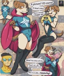 absurd_res anthro bulge canid canine canis cape clothing comic_book detailed_bulge domestic_dog duo english_text erection erection_under_clothing gesture hat headgear headwear heart_gesture hi_res human image_comics invincible_(image_comics) male mammal mark_grayson multiple_poses nervous pose salamikii seance_dog_(invincible) solo_focus speech_bubble superhero tail tail_motion tailwag text