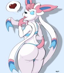2025 anthro ass blue_body blue_eyes blue_fur clothing colored dated eeveelution femboy fur generation_6_pokemon heart_symbol hi_res looking_at_viewer male nintendo one_eye_closed pandottermon pink_body pink_fur pink_tail pokemon pokemon_(species) raised_tail rear_view signature simple_background solo speech_bubble swimwear sylveon tail two-piece_swimsuit white_body white_fur wink winking_at_viewer