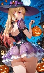 1girls ai_generated anus back back_view bare_pussy blonde_hair bottom_view breasts casual_exposure cosplay costume encoder female festival helloween jack-o'-lantern kitagawa_marin looking_at_viewer looking_back no_panties outdoors public public_exposure pussy seductive_look see-through see-through_clothing solo_female solo_focus sono_bisque_doll_wa_koi_wo_suru transparent_clothing vagina walking witch witch_costume witch_hat