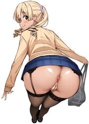 anus ass bent_over blonde_hair blush brown_eyes dark_skin female female_focus from_behind full_body gin_(ginshari) gyaru highres looking_at_viewer looking_back no_panties nude_filter original pussy school_uniform shirt skirt smile solo standing sweater third-party_edit uncensored