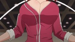 1girls animated bouncing_breasts breasts cleavage female female_only huge_breasts jump_cycle jumping maken-ki! plump rokujou_minori screencap solo solo_female sports_uniform