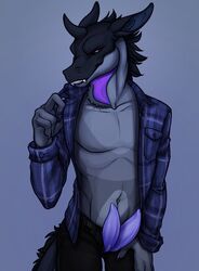 2019 4_fingers animal_genitalia animal_penis anthro anthro_only bedroom_eyes black_hair black_sclera black_skin blue_background bottomwear ciaran_amari claws clothed clothing countershade_tail countershade_torso countershading dewlap_(anatomy) diphallia diphallism dragon erection fingers flannel front_view furry genital_slit gradient_background grey_countershading grey_skin hair half-closed_eyes hand_on_leg hemipenes hi_res horizontal_diphallism horn idoodle2draw inviting jeans looking_at_viewer male male_only mane manly multi_penis no_humans overshirt pants penis penis_through_fly pinup plaid poking_out portrait pose presenting presenting_penis purple_eyes purple_penis scalie seductive sharp_teeth shirt signature simple_background slit smile smirk solo spikes standing tapering_penis teasing teeth topwear unbuttoned underwear undressing unzipped