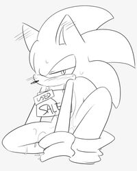 after_sex anthro blush bodily_fluids cum cum_drip cum_on_leg dripping ear_blush eulipotyphlan for_sale furry genital_fluids grey_background greyscale hedgehog male male_only mammal monochrome sign sikai simple_background sitting solo sonic_(series) sonic_the_hedgehog sweat