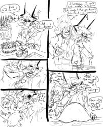 ?! bad_id belly_expansion black_sclera blush brownies button_down_shirt buttons buttons_popping cake cake_slice clothed_male_clothed_male clothes_stretching comic comic_page crumbs_on_face cupcake demon demon_horns dessert devil embarrassed embarrassed_male english english_text feederism feeding feeding_partner filled_to_the_brim food food_fetish food_inflation food_play fork funamusea hand_over_mouth holding_fork holding_utensil implied_weight_gain inflation interrobang ivlis jacket jacket_open kcalb leaning_back male nauseous nervous nervous_sweat onomatopoeia overstuffed peer_pressure pressured scarf shadow_over_eyes shocked_expression shocked_eyes shocked_male sitting smile stomach_bulge stomach_deformation stomach_deformation_under_clothes stuffing stuffing_(food) sweatdrop tempsciel_(artist) the_gray_garden tie unknown_source wardrobe_malfunction wiping_face