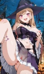 1girls ai_generated anus bare_pussy blonde_hair bottom_view breasts casual_exposure cosplay costume encoder female festival helloween jack-o'-lantern kitagawa_marin looking_at_viewer nipple_slip nipples no_panties one_leg_up outdoors public public_exposure pussy see-through see-through_clothing solo_female solo_focus sono_bisque_doll_wa_koi_wo_suru standing touching_breast transparent_clothing vagina witch witch_costume witch_hat