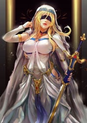 1girls big_breasts black_blindfold blindfold blonde_hair breasts cglas clothed dress erect_nipples erect_nipples_under_clothes female female_only goblin_slayer holding_sword holding_weapon hood human large_breasts light_smile lipstick long_hair nipple_bulge nipples pinup red_lips red_lipstick robe sketch solo source_request standing sword sword_maiden_(goblin_slayer) weapon white_dress white_robe