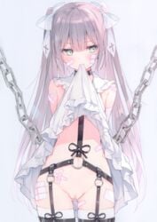 1girls 2d absurd_res absurdres bondage female_only garter green_eyes hi_res highres nopan photoshop pussy rurudo rurudot skirt_lift solo stockings thighhighs uncensored vagina white_hair