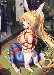 animal_ears arms_behind_back artoria_pendragon artoria_pendragon_(lancer) artoria_pendragon_(swimsuit_ruler) ball_gag blonde_hair bondage bunny_costume bunny_ears bunny_girl casino dildo fate/grand_order fate_(series) gambling green-eyes haneru heels high_heels pantyhose penis poker_chip restrained_arms rope rope_between_breasts rope_bondage rope_over_clothes tail vibrator