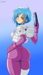 blue_hair dna^2 female green_eyes gun huge_ass karin_aoi medium_breasts thick_thighs