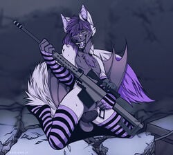 1boy 2019 angiewolf anthro armwear balls canid canine clothing digital_media_(artwork) gun hair kneeling legwear looking_at_viewer male male_only mammal membrane_(anatomy) membranous_wings open_mouth penis purple_hair socks solo teeth tongue wings