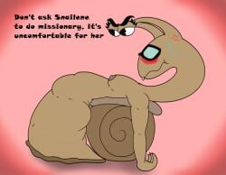 angry annoyed anthro ass belly blush blush_lines bodily_fluids breasts crazy_8_animations dangling_arms dialogue embarrassed eyebrows eyelashes eyewear female from_front_position gastropod glasses legless lying missionary_position mollusk nipples nude on_back sex shell slightly_chubby snail snailene solo sweat